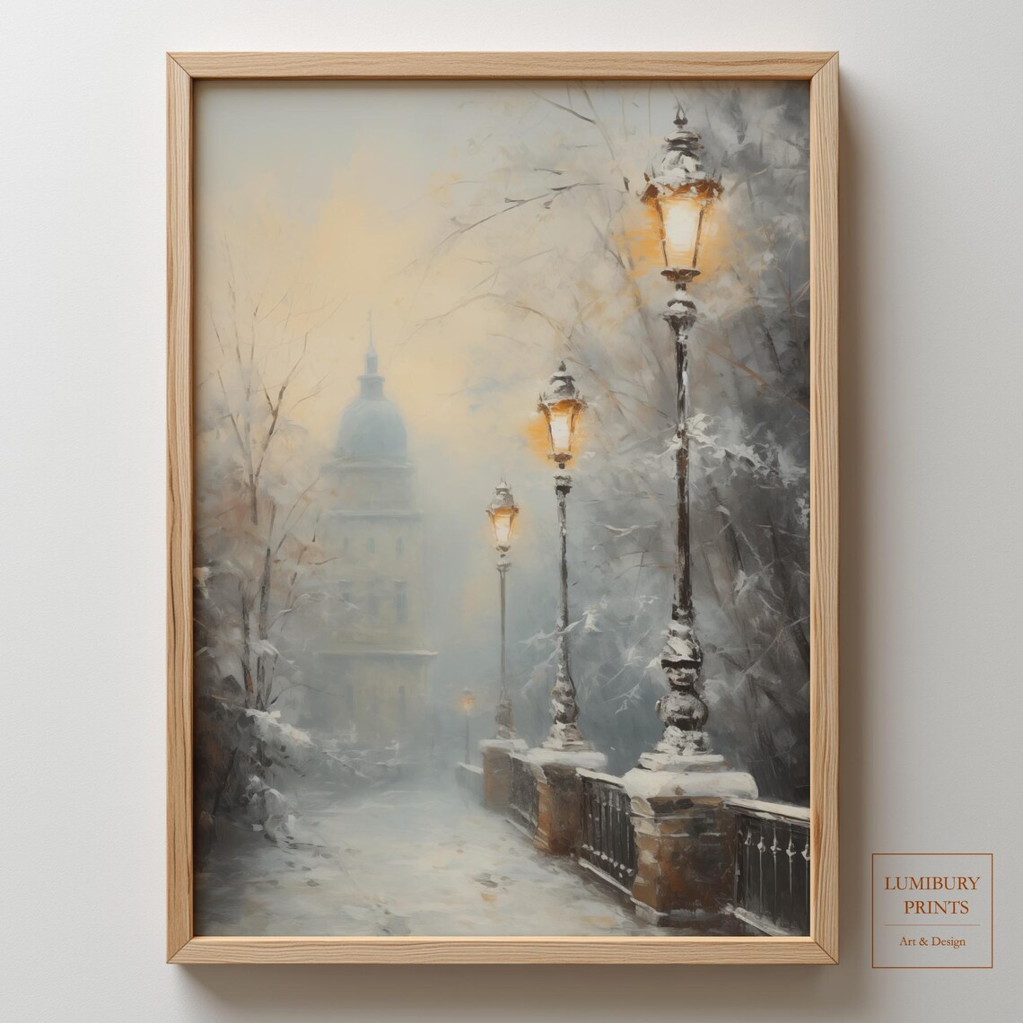 Winter Lampposts Snow Covered Bridge Vintage Oil Painting Poster
