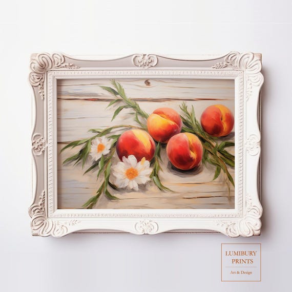 Peach Wall Art Decor Daisy Poster Vintage Fruit Oil Painting Rustic Print Summer Instant