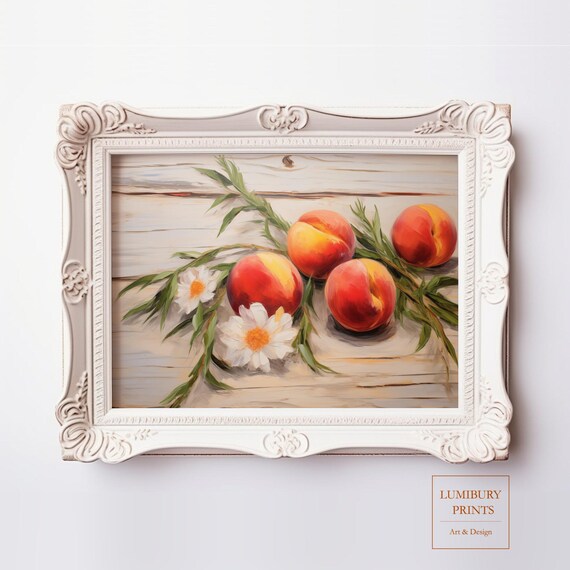 Ripe Peaches With Daisies Vintage Still Life Oil Canvas Art Poster