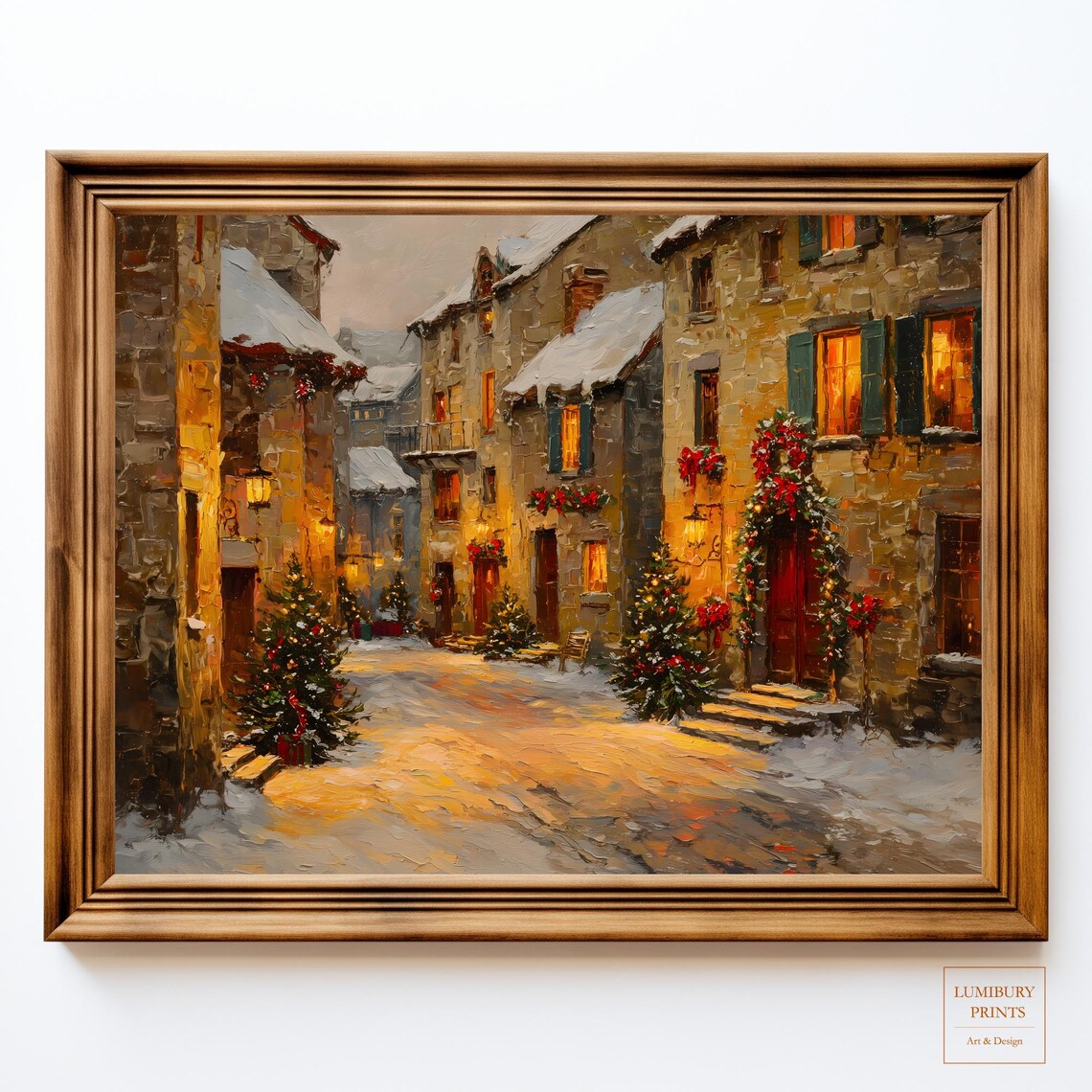 Snowy European Village Christmas Street Lantern Glow Oil Poster