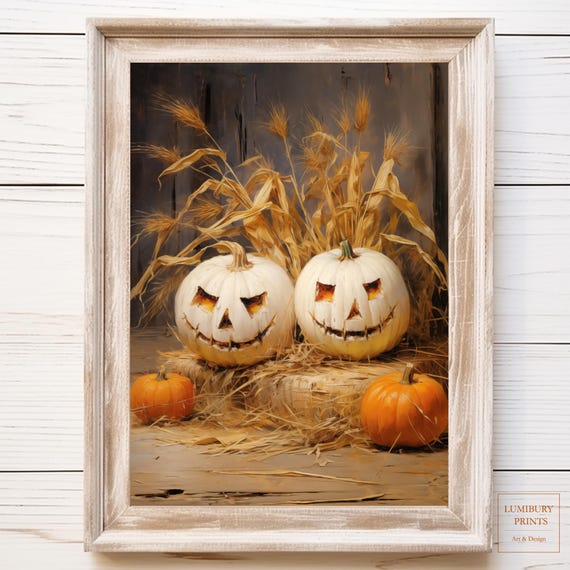 Neutral Halloween Decor Jack O Lantern Wall Art Rustic Farmhouse Print Instant
