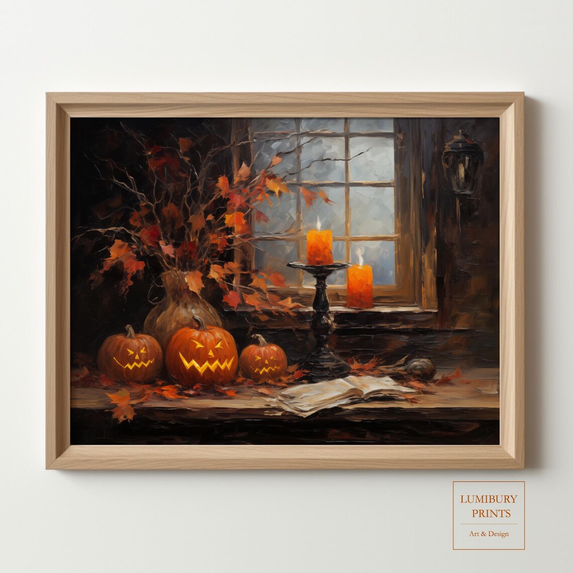 Halloween Jack O Lantern Oil Painting Poster Candles And Autumn Window