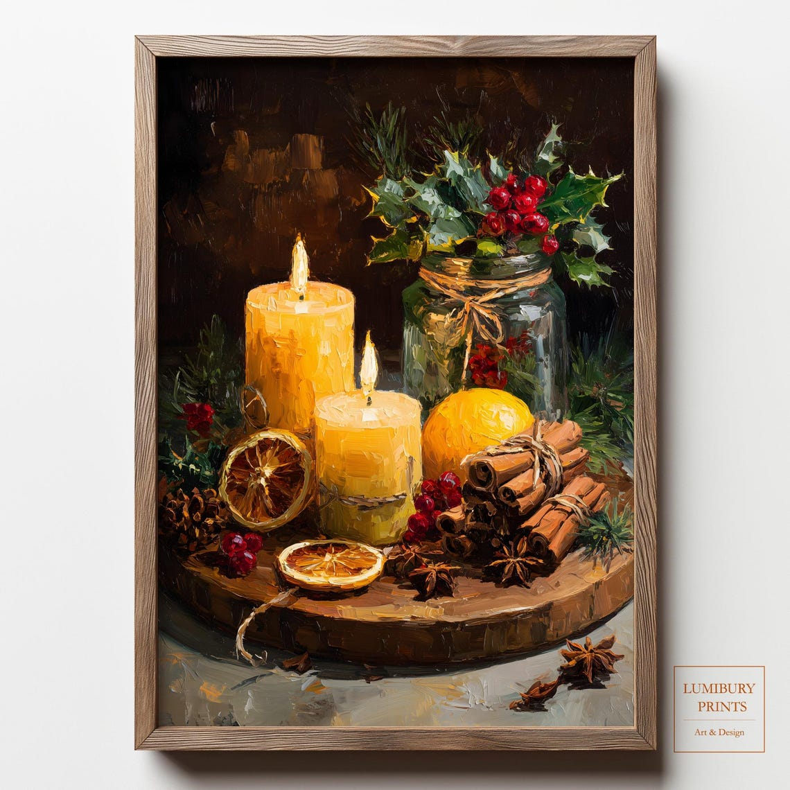 Christmas Candles Cinnamon Holly Festive Still Life Art Poster