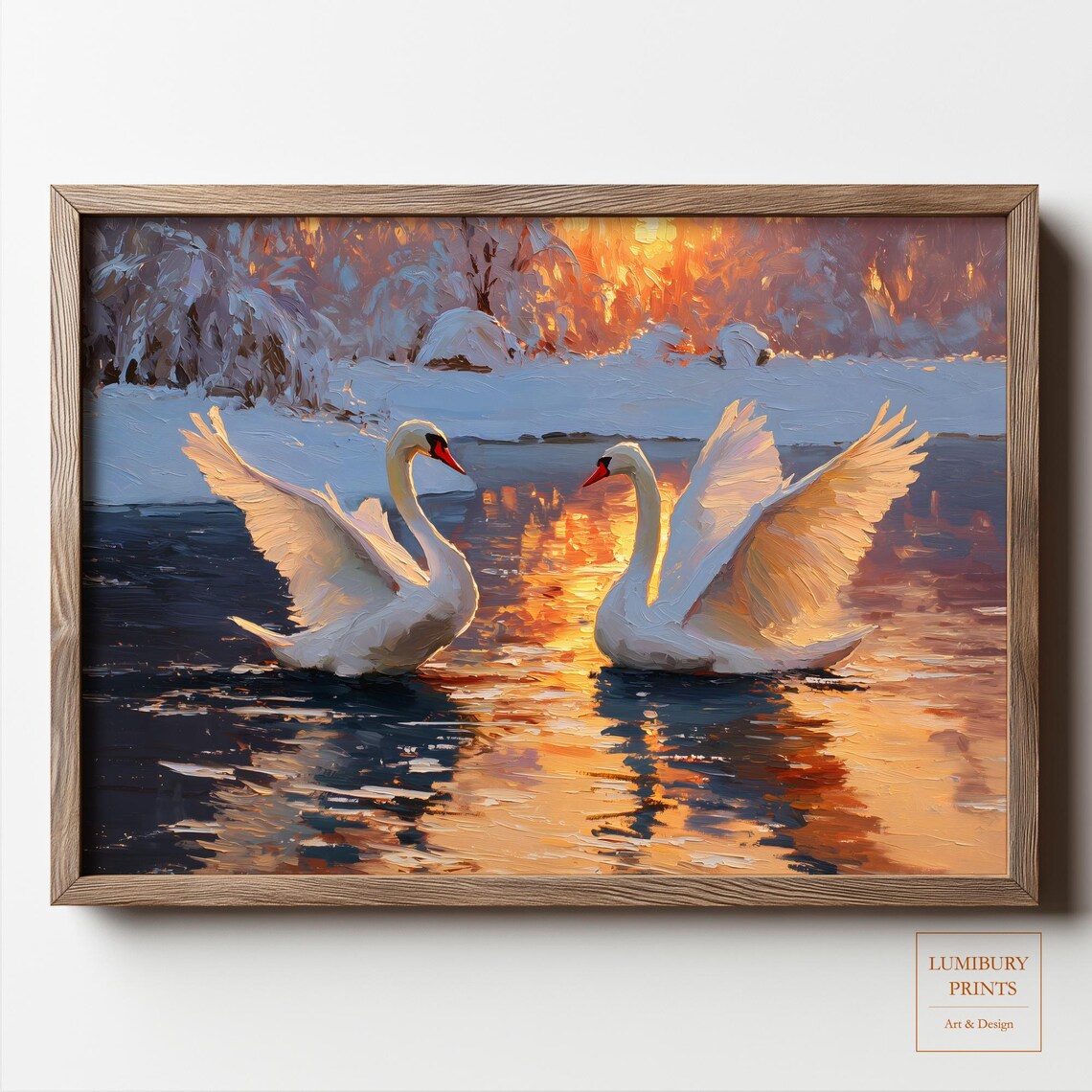 Two Swans Wings Spread Winter Sunset Lake Golden Wildlife Wall Art