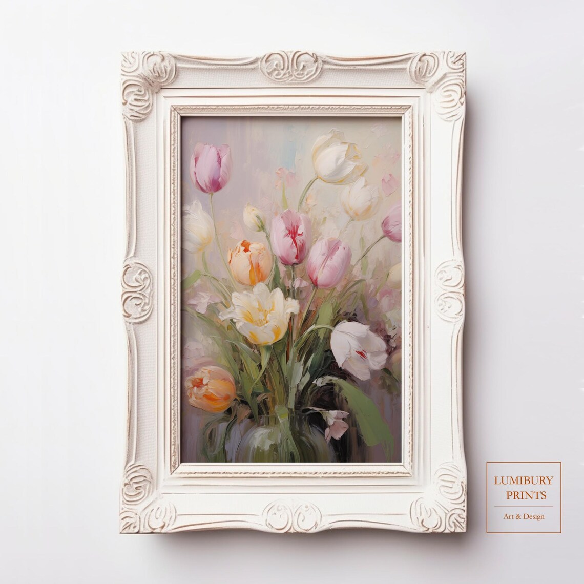 Pastel Tulip Bouquet in Ornate White Frame Soft Floral Oil Poster