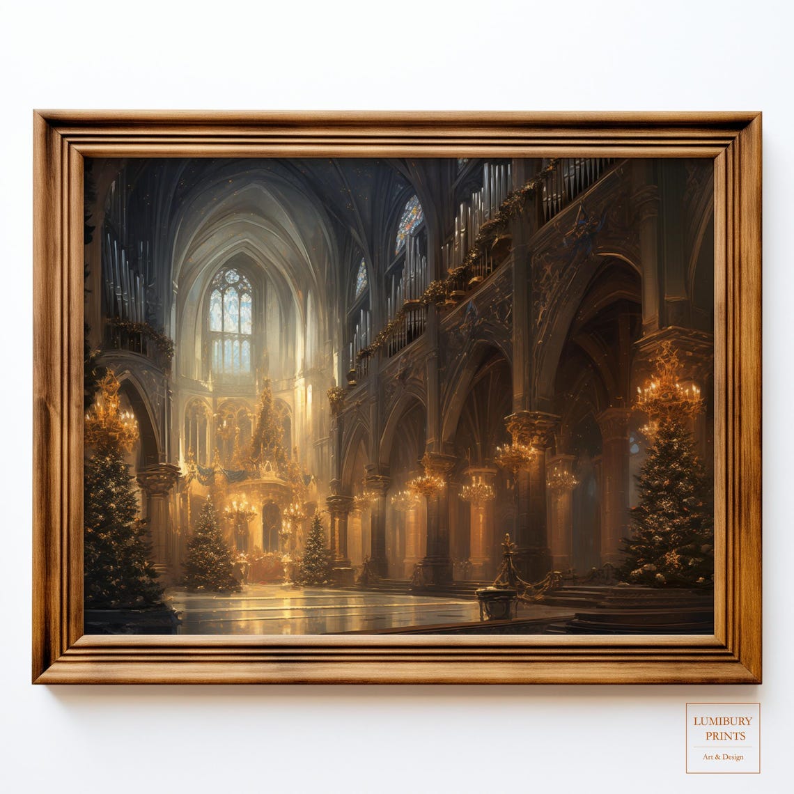 Christmas Cathedral Interior Trees Candlelight Majestic Oil Poster