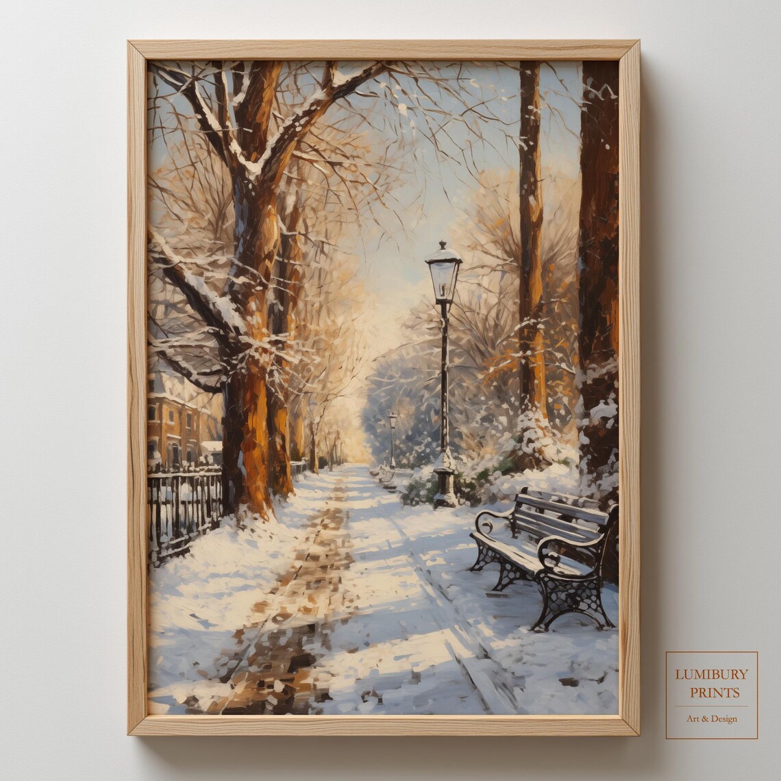 Snowy Winter Path Bench Street Lamp Golden Light Park Painting Wall Art