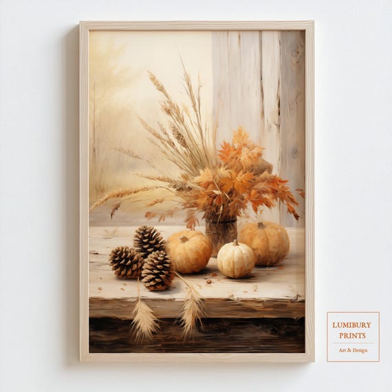 Neutral Halloween Decor White Pumpkin Autumn Print Pine Cone Wall Rustic Fall Farmhouse