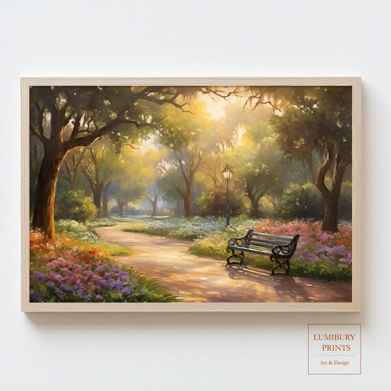 Sunlit Park Garden Path Bench Painting Impressionist Style Poster