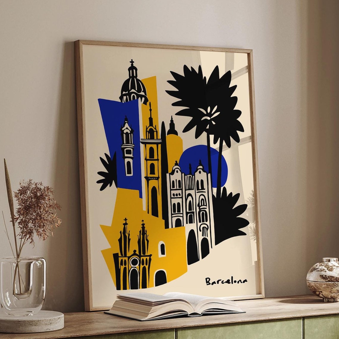 Barcelona Vibrant Blue Yellow Abstract Landmarks Art Piece Poster