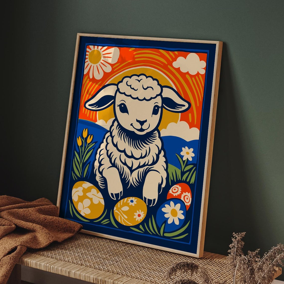 Charming Retro Easter Lamb Poster With Painted Eggs And Bright Sun - Image 5
