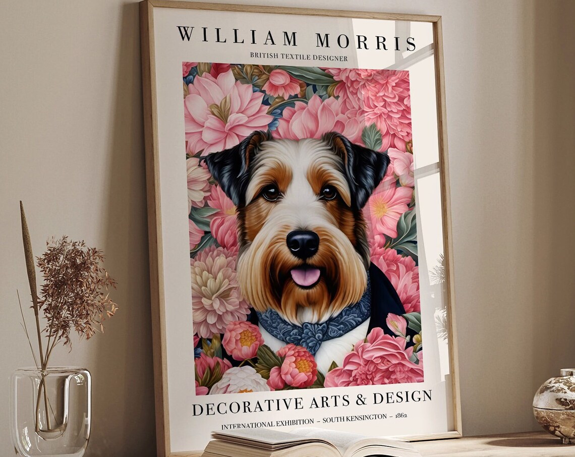 William Morris Happy Scruffy Dog Pink Peony Floral Art Poster - Image 6