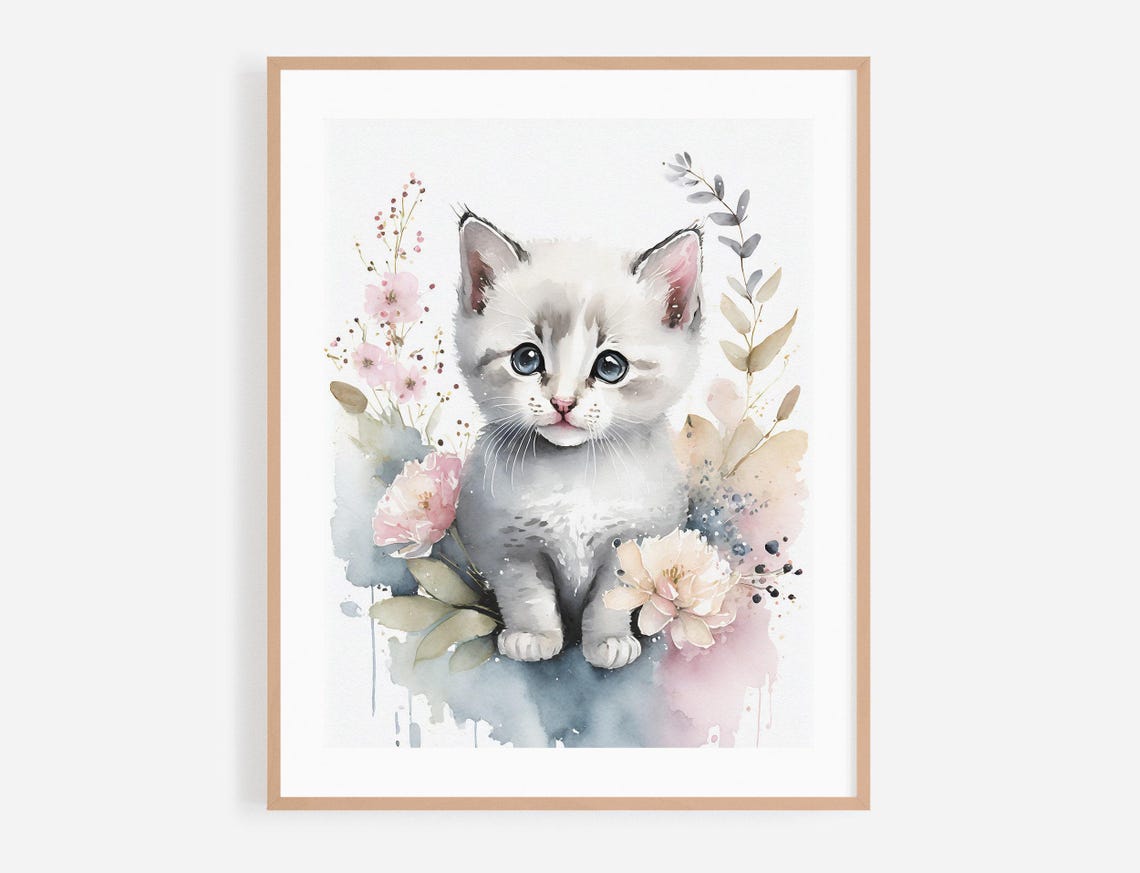 Kitty Cat Portrait With Flowers Nursery Wall Art Print Watercolor Animal Painting Sweet Baby Dog Art Flower Illustration