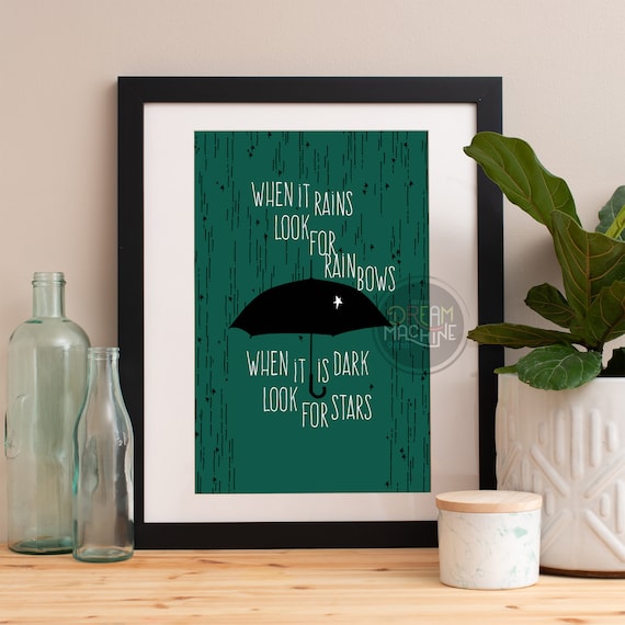 Teal Rainy Umbrella Look for Rainbows Motivational Quote Poster