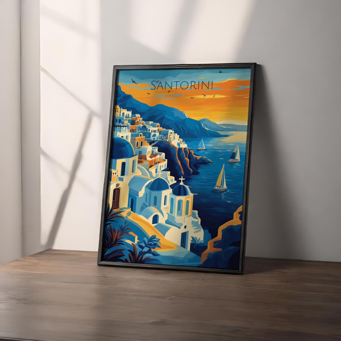Santorini Greece White Villas Blue Domes Sunset Sailboats Poster - Image 2