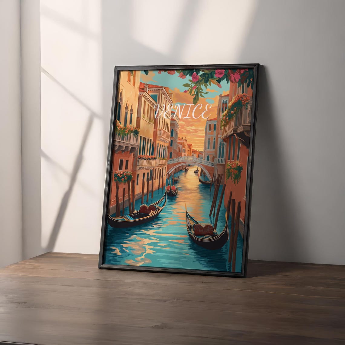 Venice Italy Canal Gondolas Sunset Bridge Flowers Travel Poster - Image 2