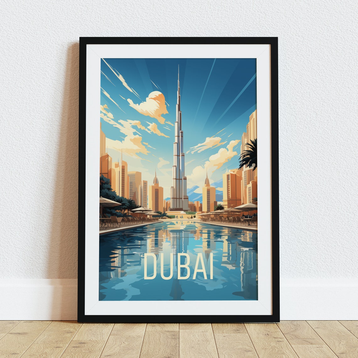 Dubai Burj Khalifa Marina Reflection Blue Sky Vintage Travel Poster