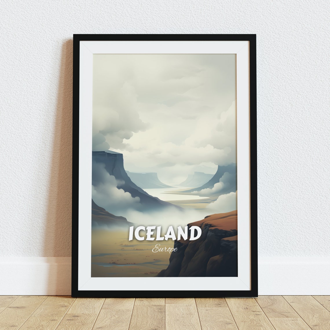 Iceland Misty Highlands Canyon River Dawn Vintage Travel Poster