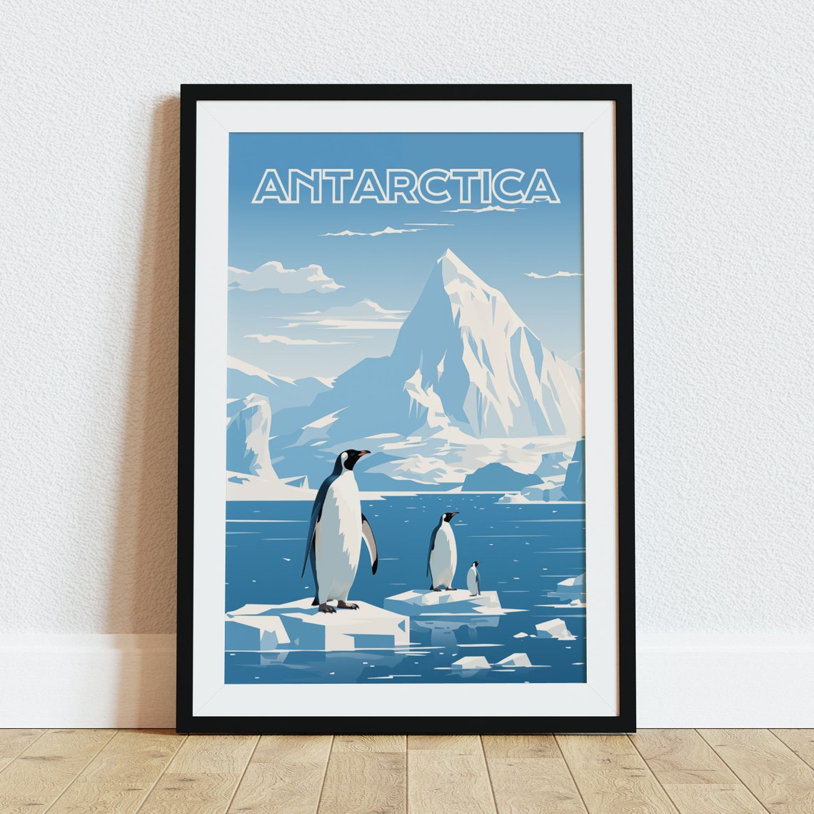 Antarctica Penguins Ice Floes Snowy Peaks Vintage Travel Poster