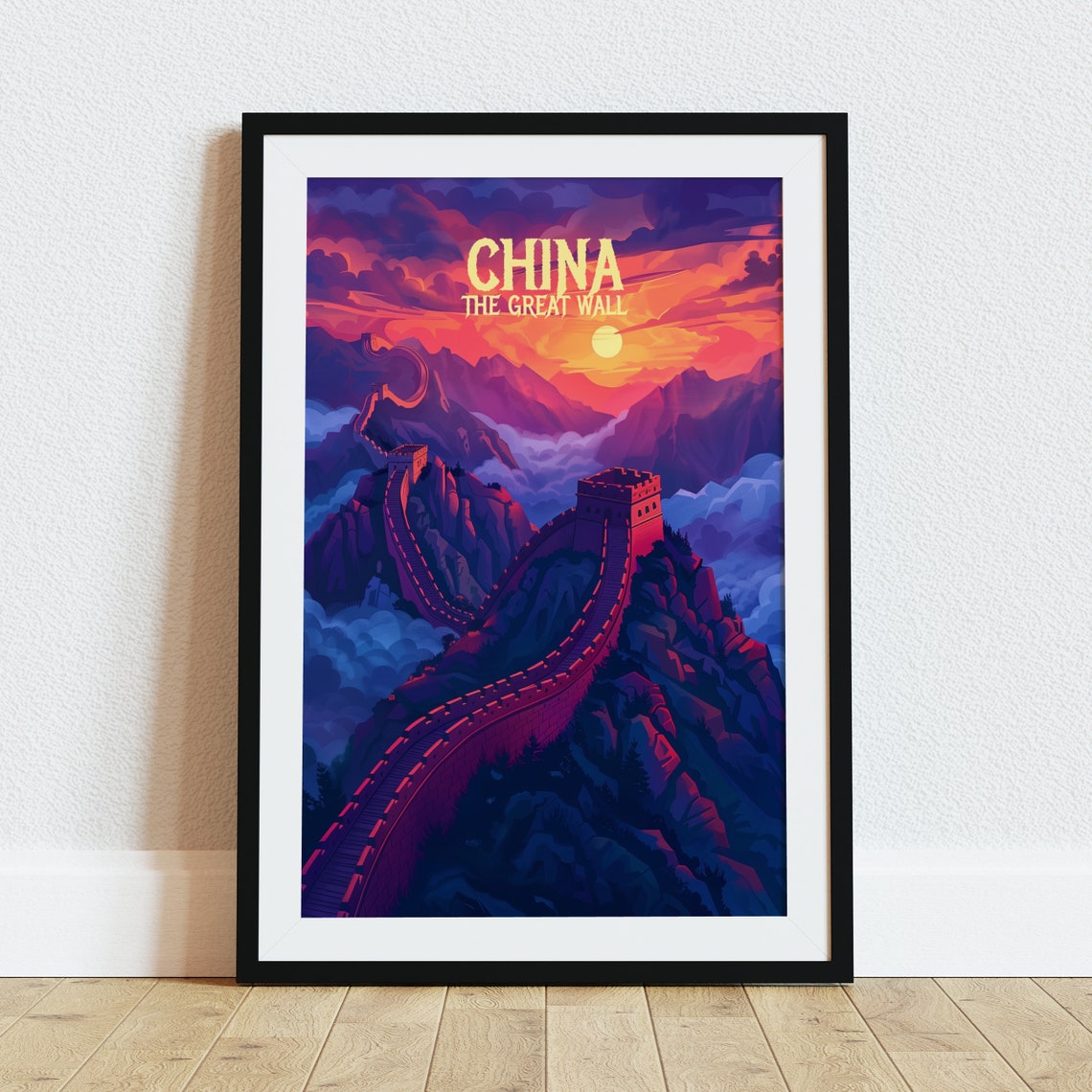 China The Great Wall Sunset Mountain Retro Style Travel Poster