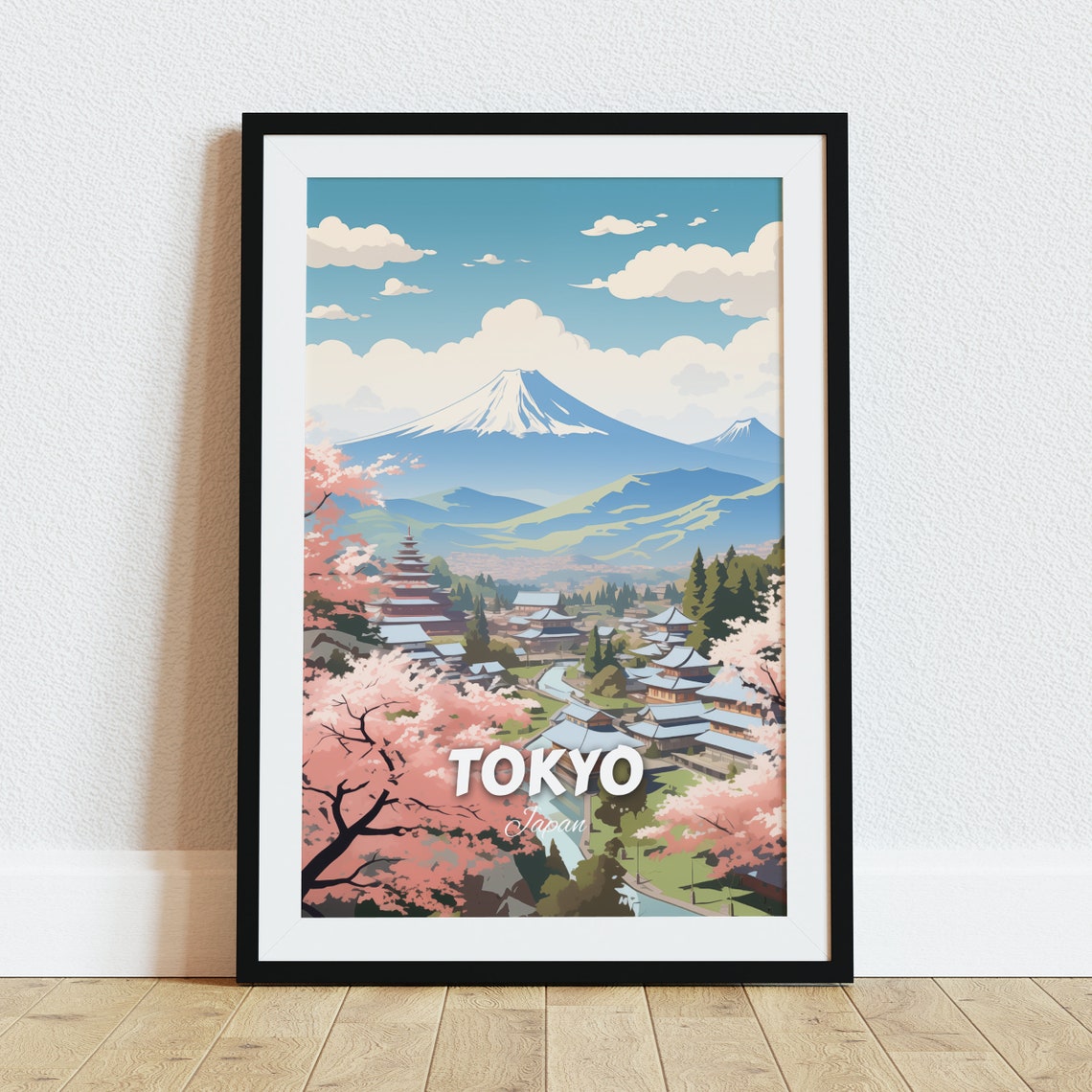 Tokyo Mount Fuji Cherry Blossoms Village Retro Travel Poster