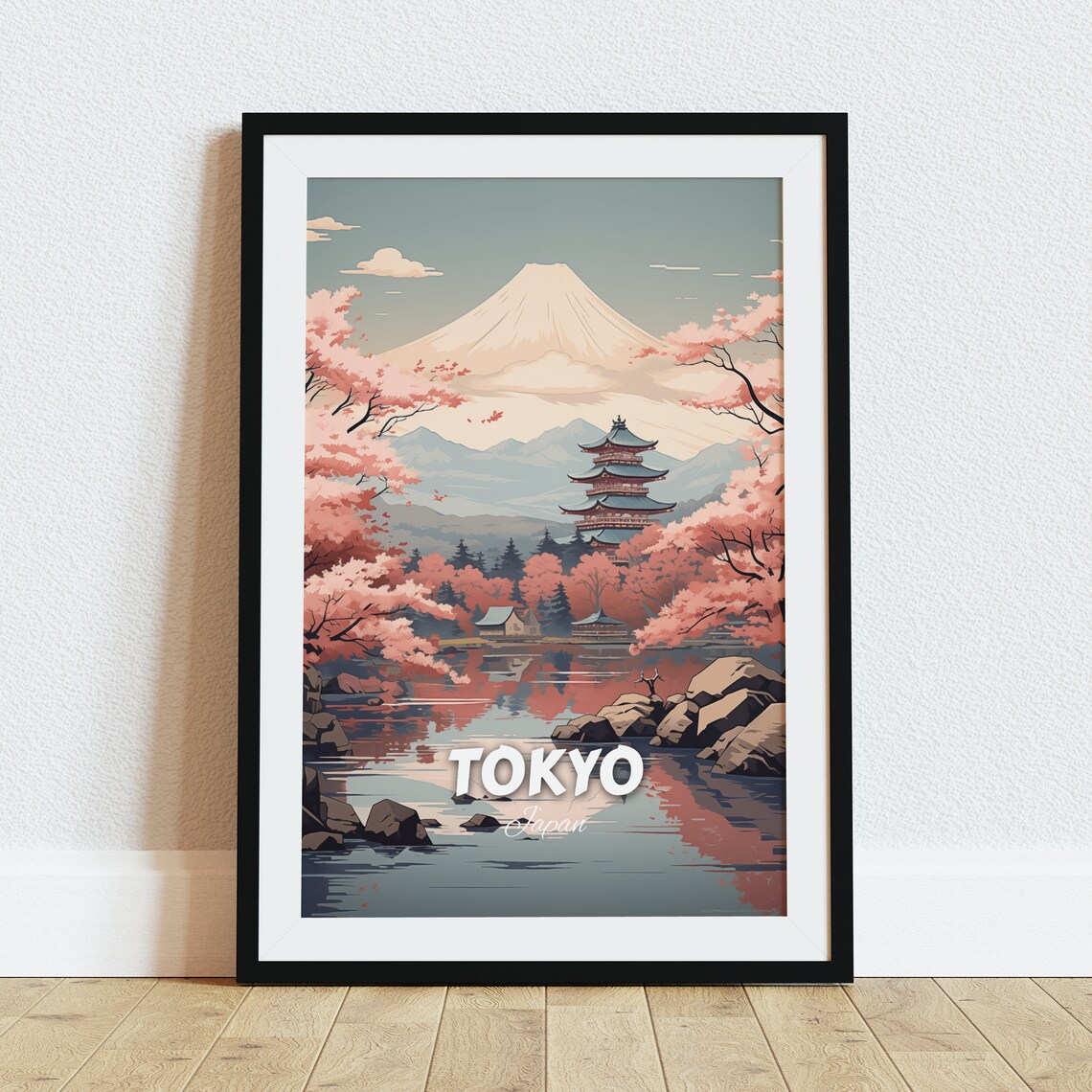Tokyo Japan Pagoda Cherry Blossom Lake Vintage Travel Poster