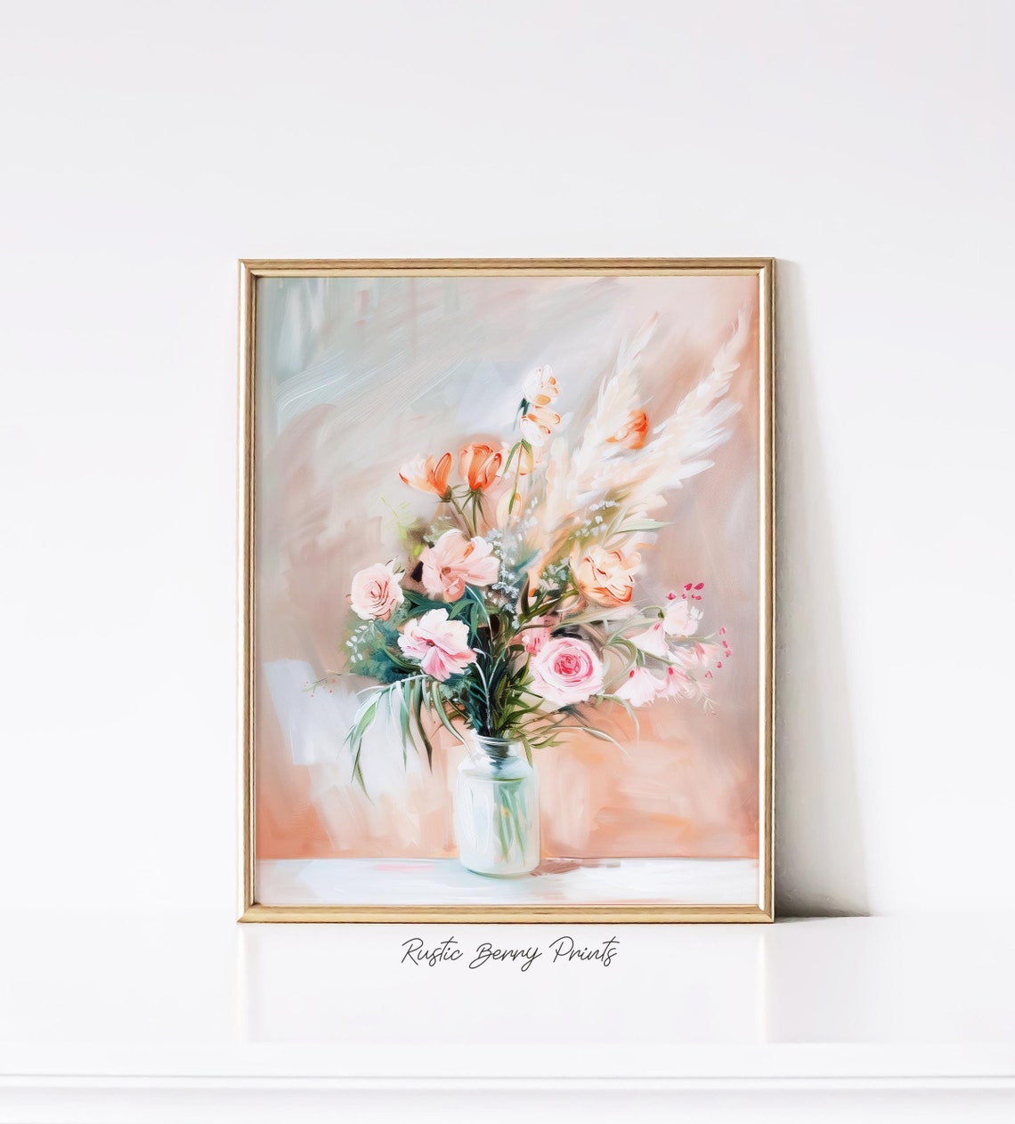 Boho Pink Roses Wildflowers Pampas Grass Glass Jar Floral Art Print