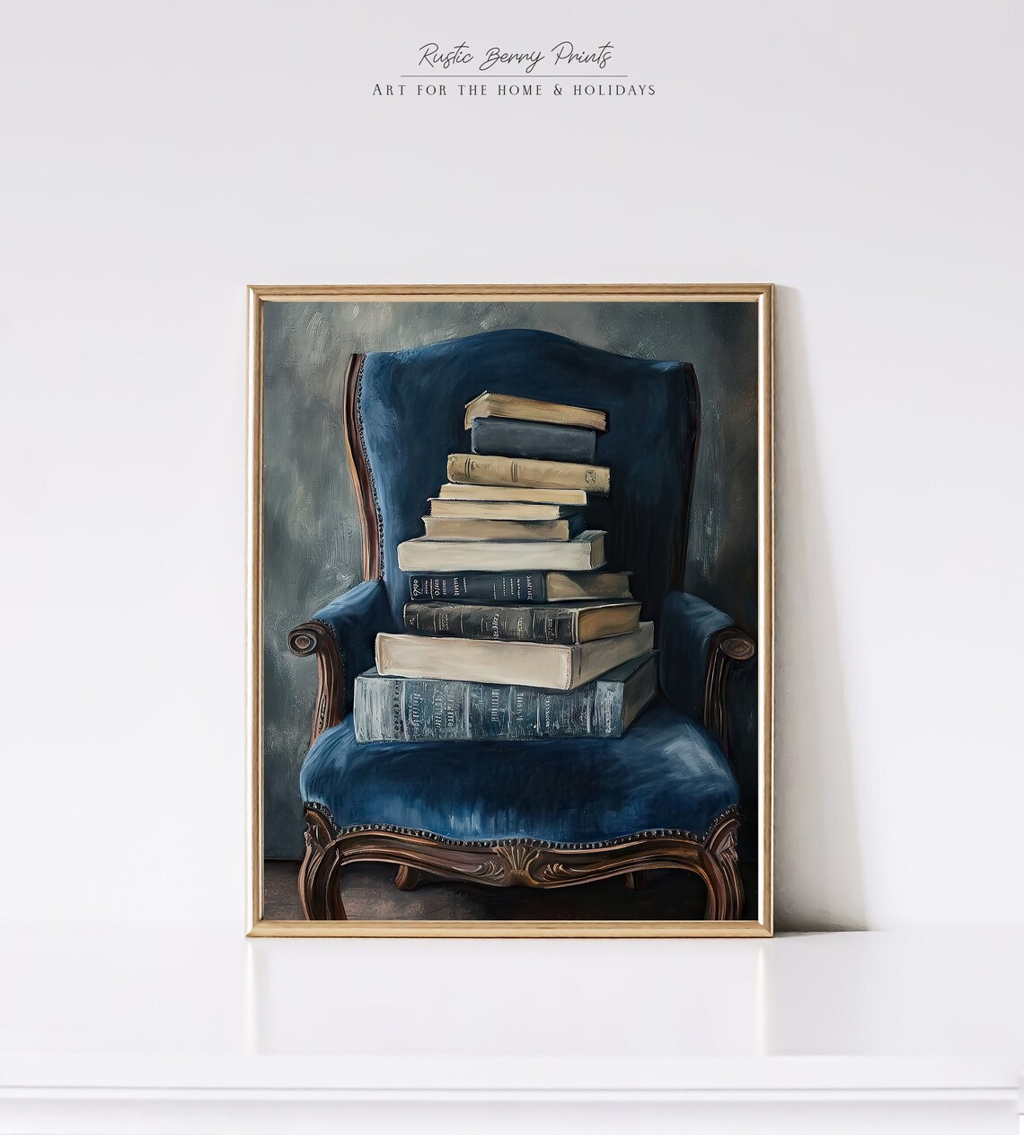 Stack Of Antique Books On Blue Velvet Armchair Dark Academia Art Print