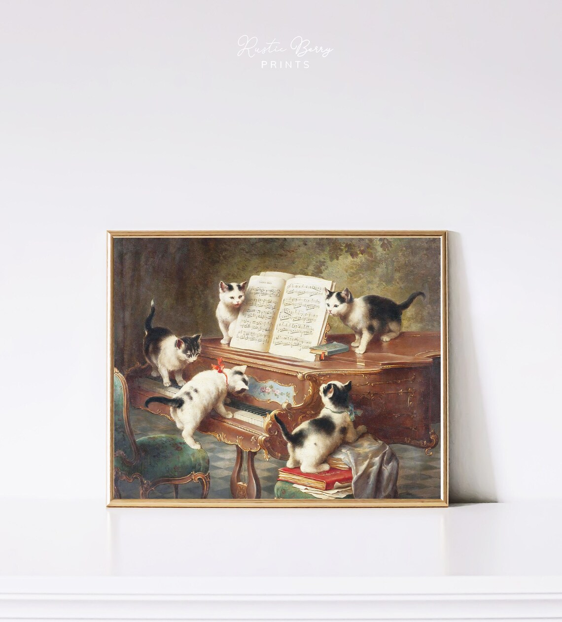 The Kittens Recital Vintage Painting Five Cats Playing Piano Music Room Poster
