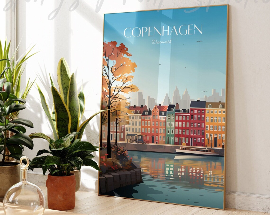 Copenhagen Denmark Vintage Style Canal Houses Travel Art Poster