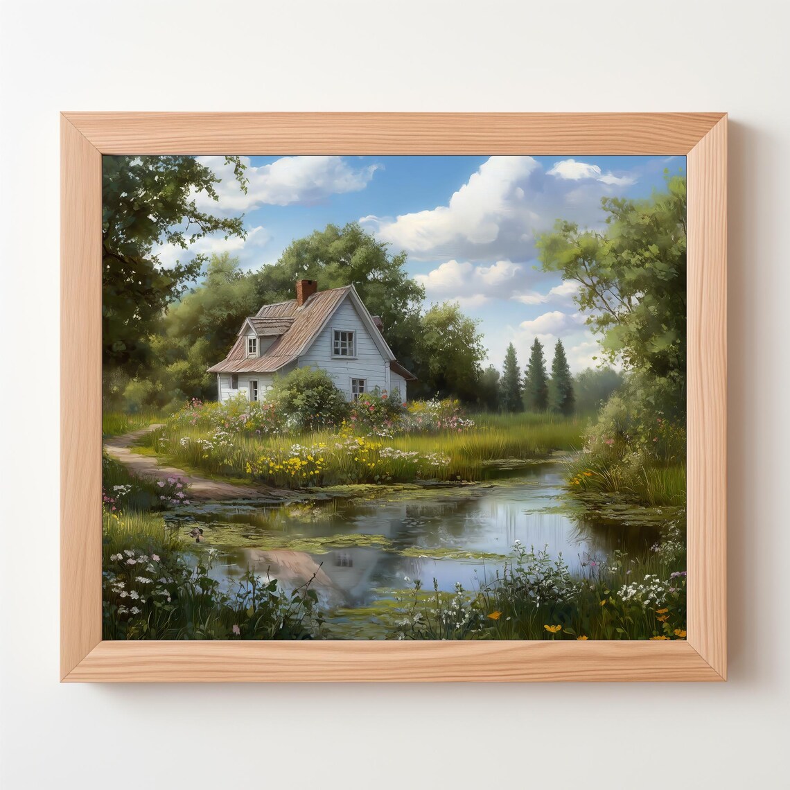 White Cottage By The Pond Summer Garden Vintage Landscape Art Poster - Image 4