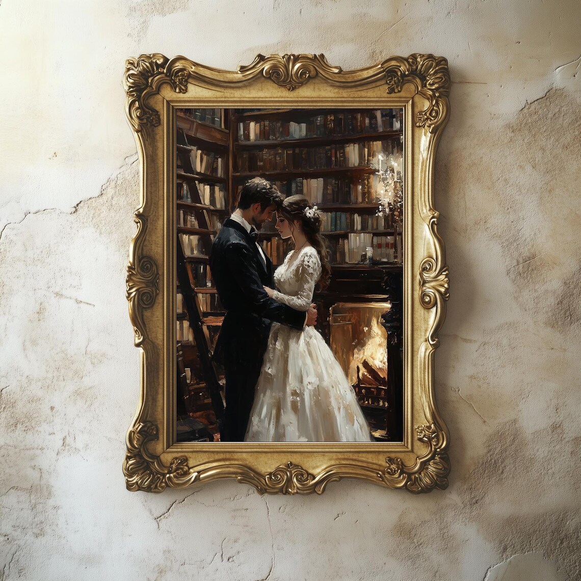 Romantic Couple in Vintage Library Fireplace Dark Academia Oil Poster