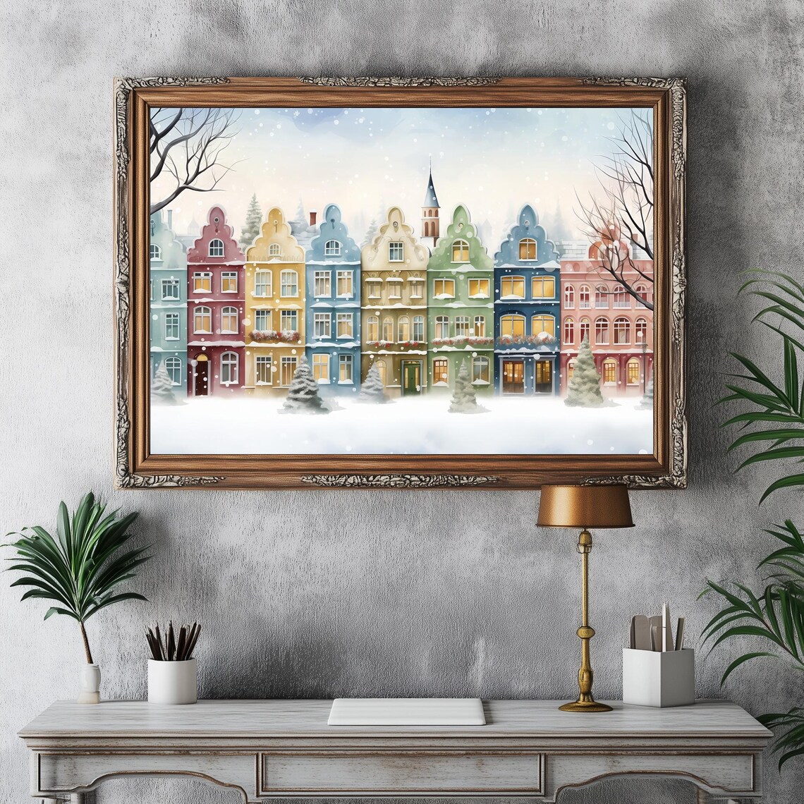 Pastel Christmas Village Colorful European Row Houses Winter Poster - Image 4