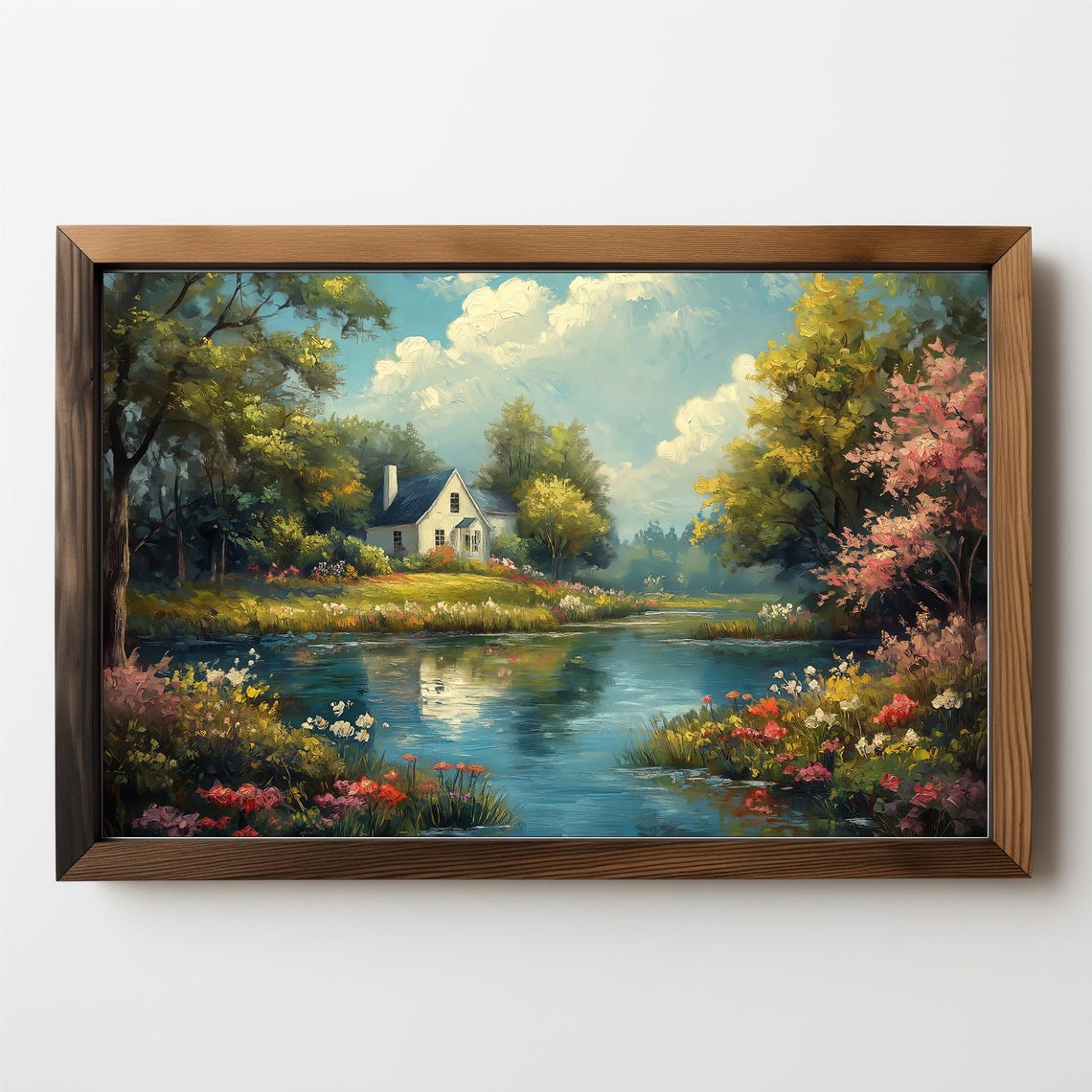 Charming Cottage By The Pond Spring Garden Flowers Landscape Poster