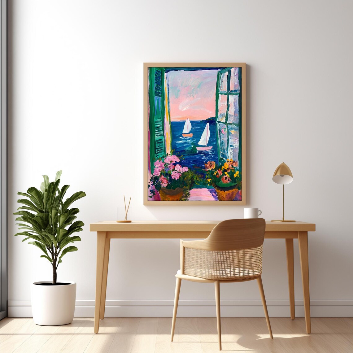 Open Window With Sailboats At Sunset Fauvist Coastal Art Poster - Image 2