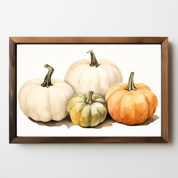 Watercolor Pumpkins White Orange Green Fall Harvest Rustic Wall Poster