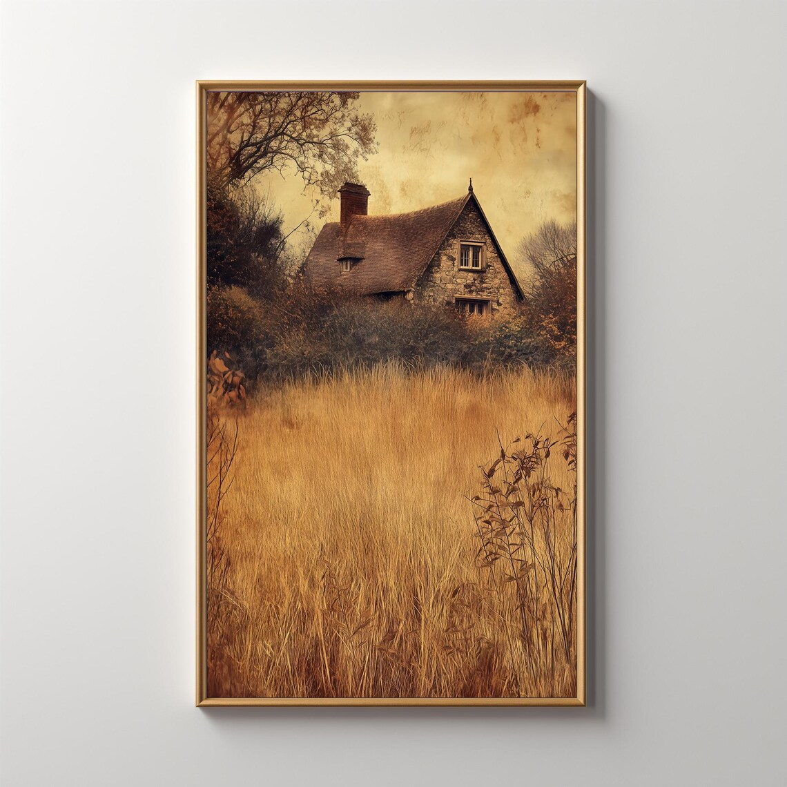 Stone Cottage Golden Autumn Meadow Moody Vintage Countryside Poster