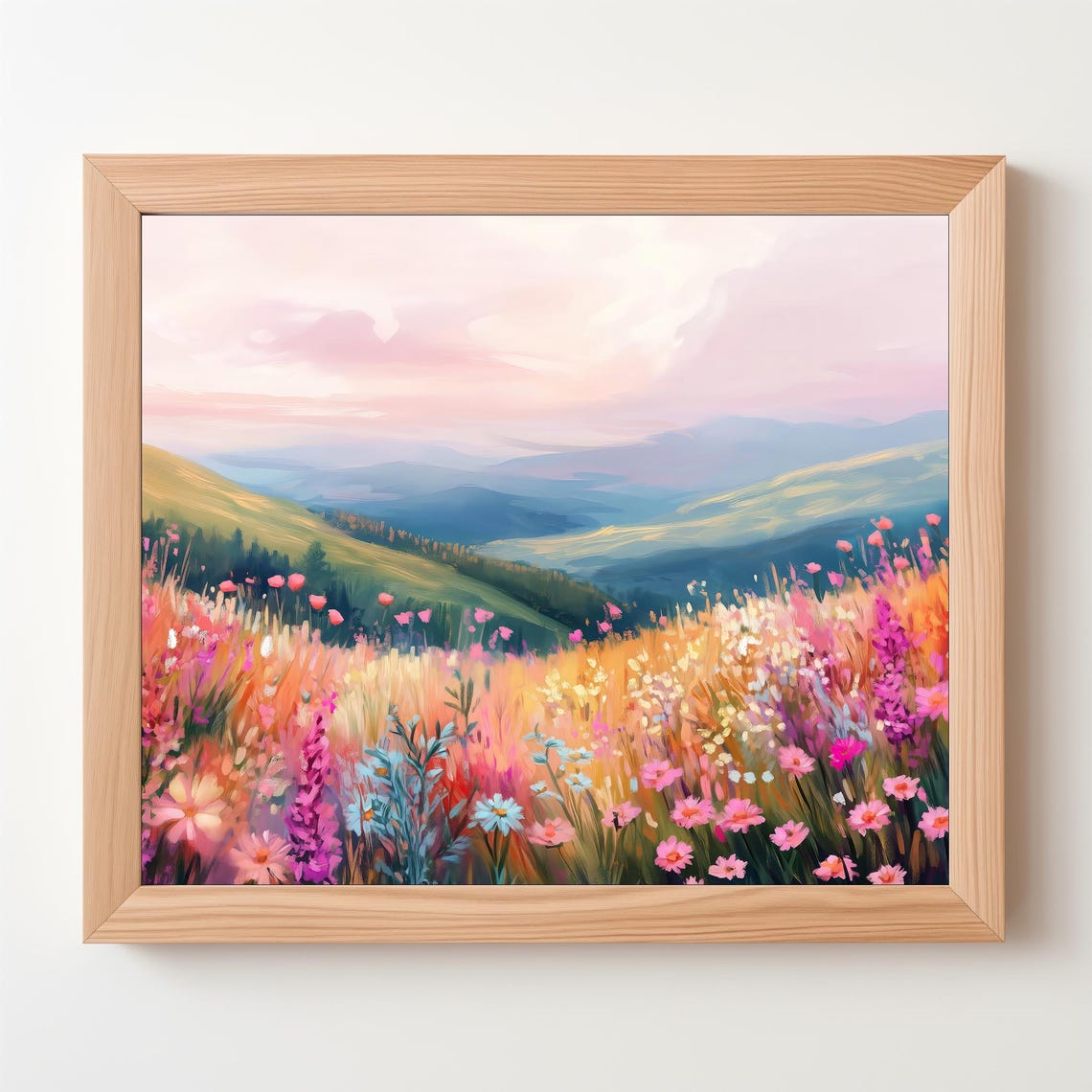 Pink Wildflower Meadow Mountain Valley Sunset Landscape Art Poster - Image 5