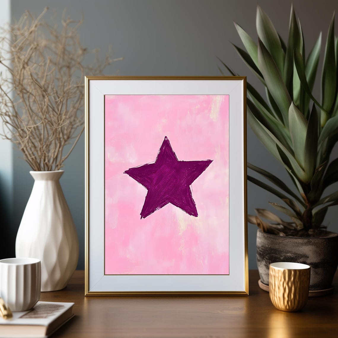 Pink Star Hand Drawn On Soft Pink Background Minimalist Art Poster - Image 3