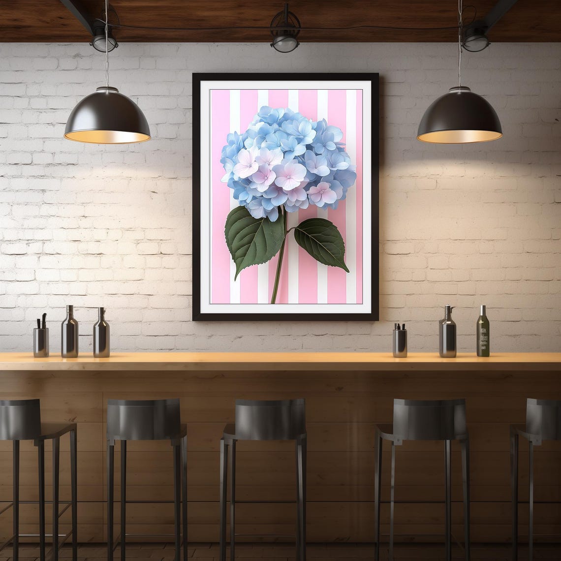 Blue Hydrangea Pink Striped Background Modern Floral Pop Art Poster - Image 4