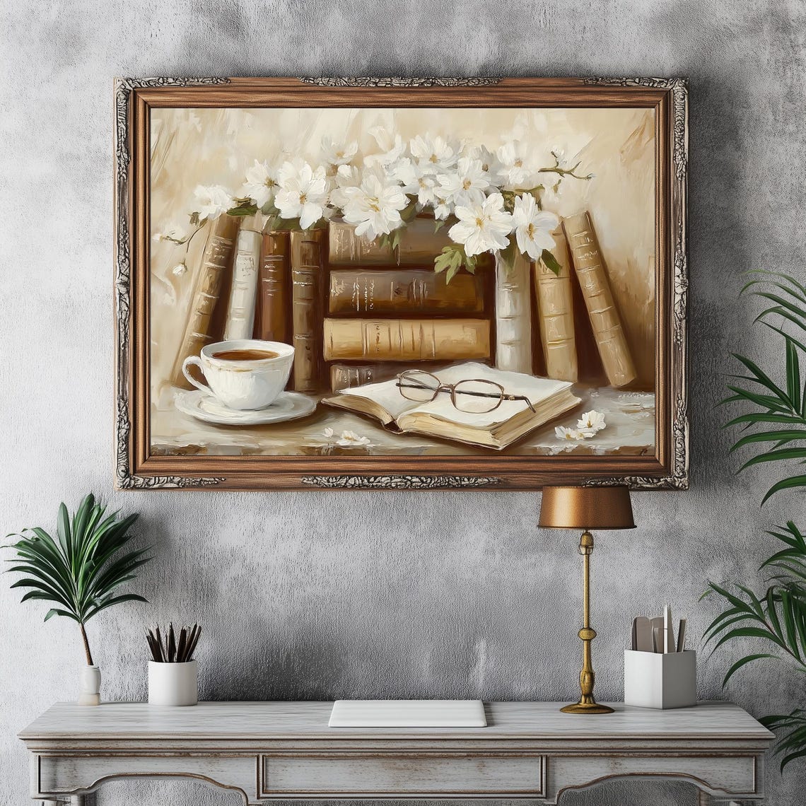 Vintage Books White Blossoms Tea Cup Light Academia Still Life Poster - Image 4