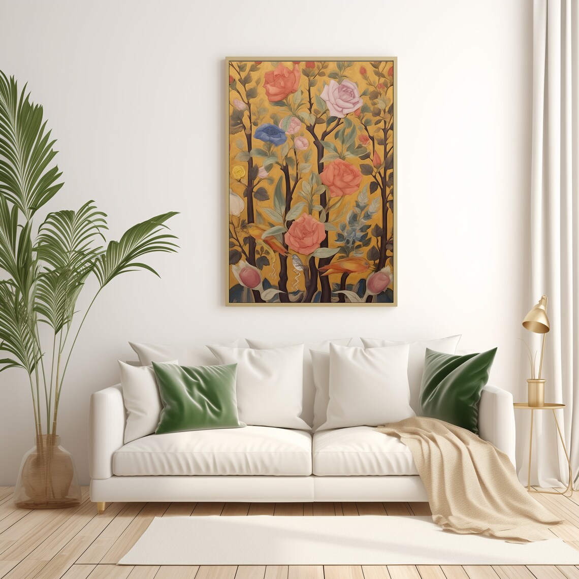 Folk Art Roses Birds Golden Background Vintage Botanical Style Poster - Image 3