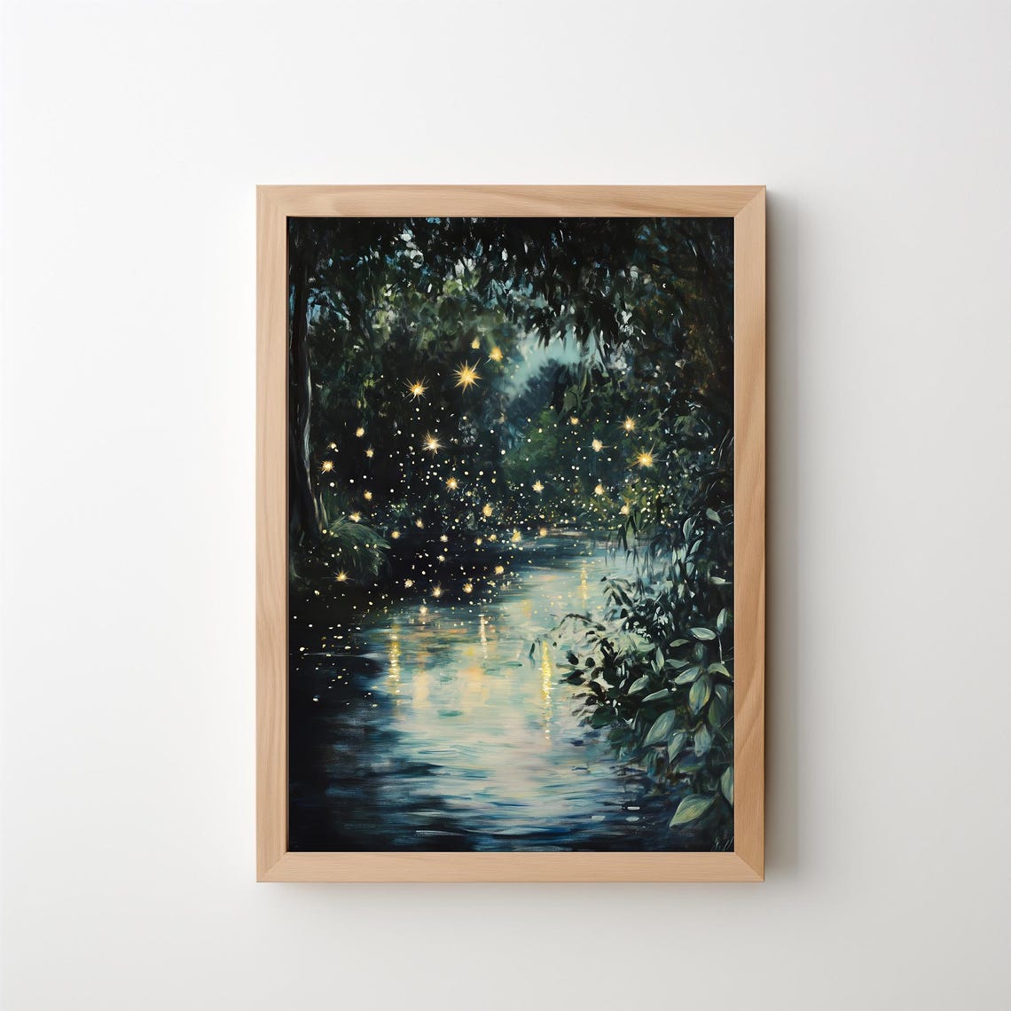 Fireflies Over Night Forest Stream Glowing Moody Woodland Wall Poster