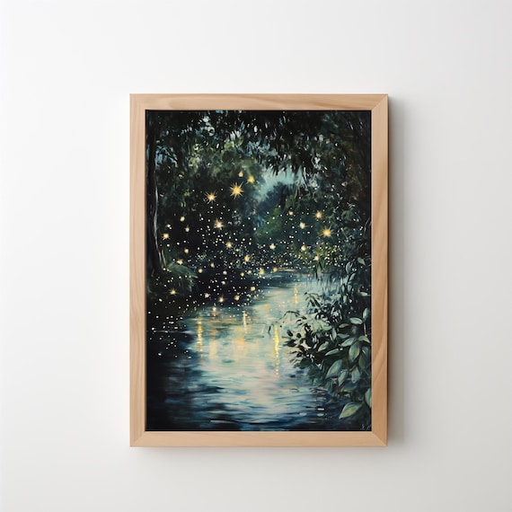 Fireflies At Night Wall Art Girly Spring Print Cottagecore Room Decor Moody Forest Landscape Vintage Wall Art 320