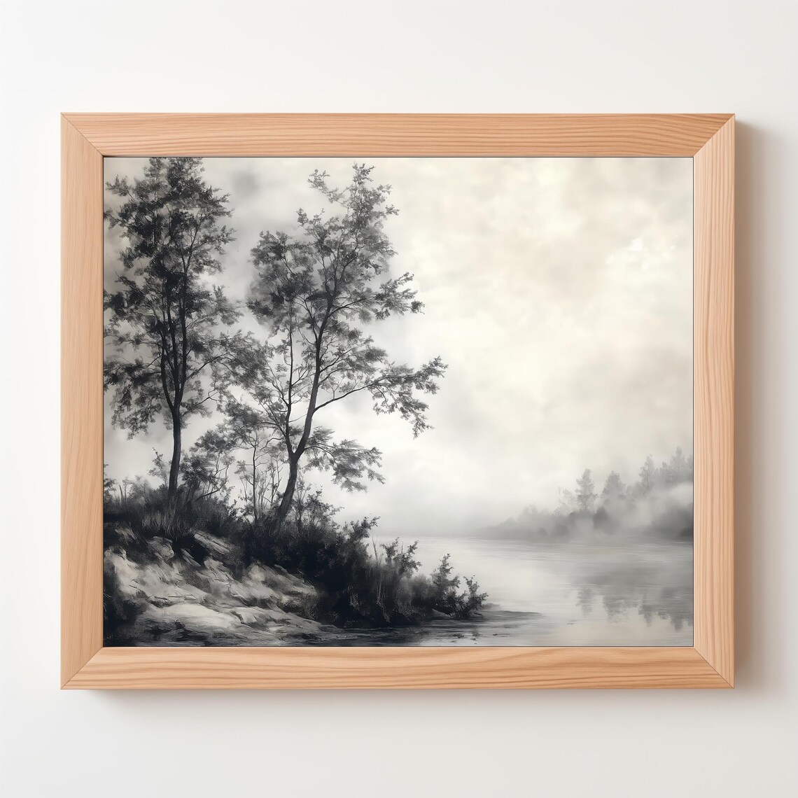 Misty Grey River Morning Fog Trees Monochrome Vintage Landscape Poster - Image 5