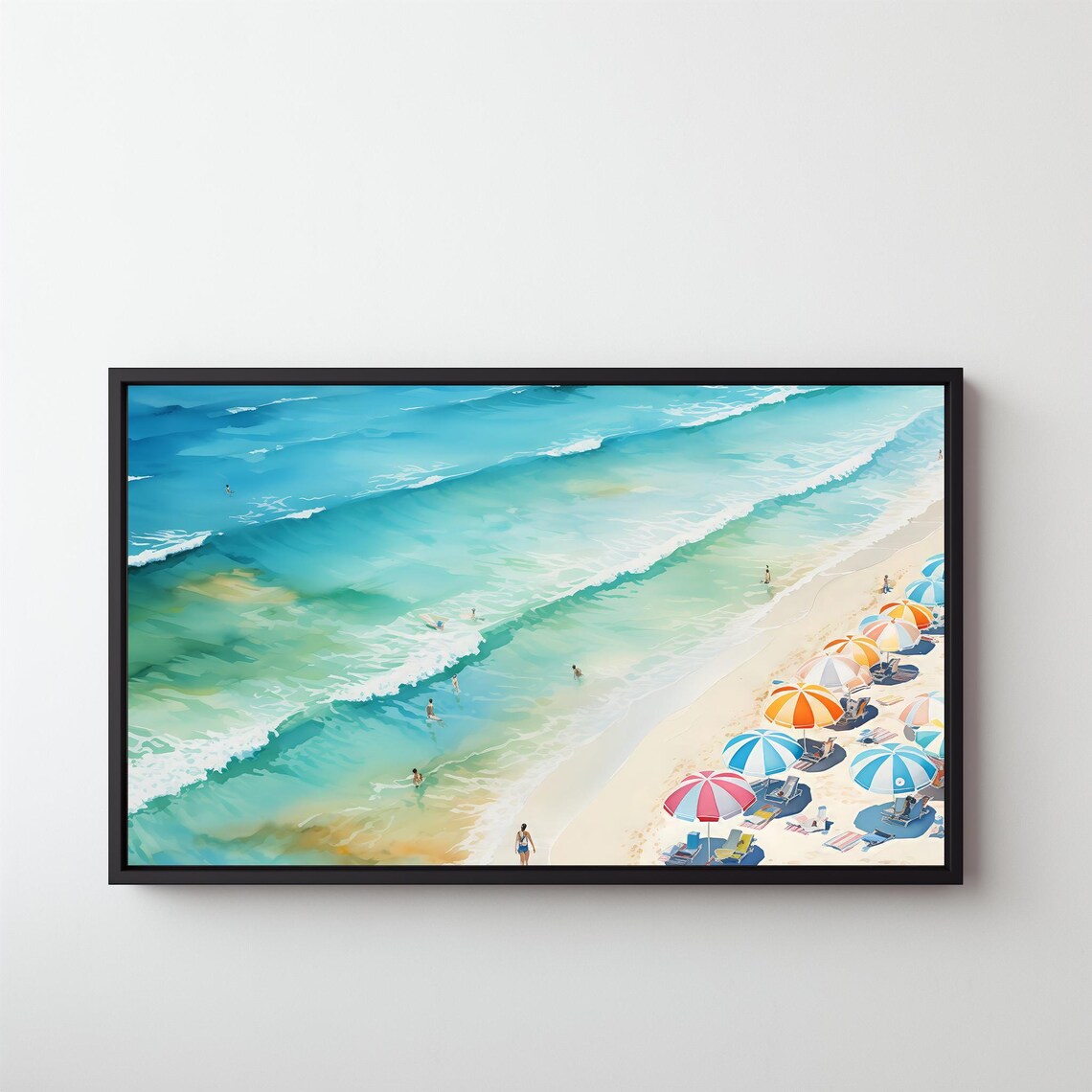 Aerial Beach Umbrellas Turquoise Waves Summer Coast Watercolor Poster