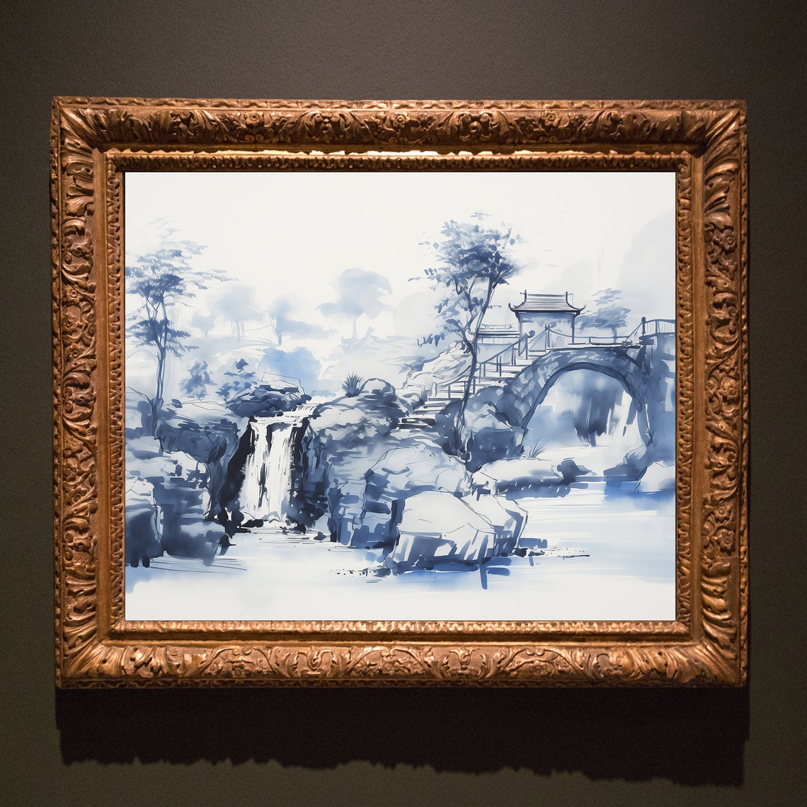 Blue Willow Waterfall Stone Bridge Chinoiserie Ink Wash Wall Poster - Image 5