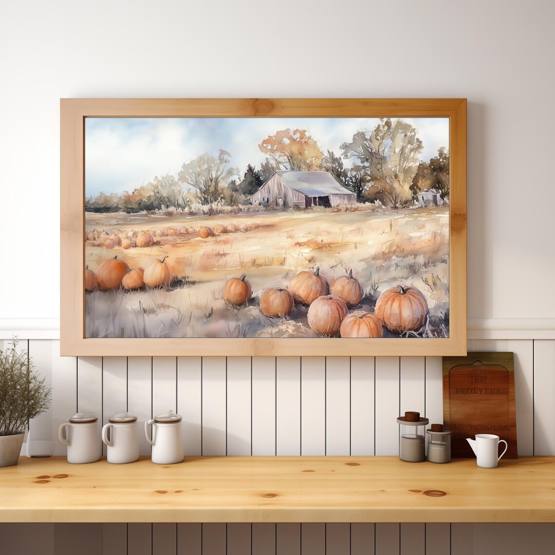 Pumpkin Patch Fall Farm Painting Watercolor Barn Autumn Harvest Wall Art - Image 3