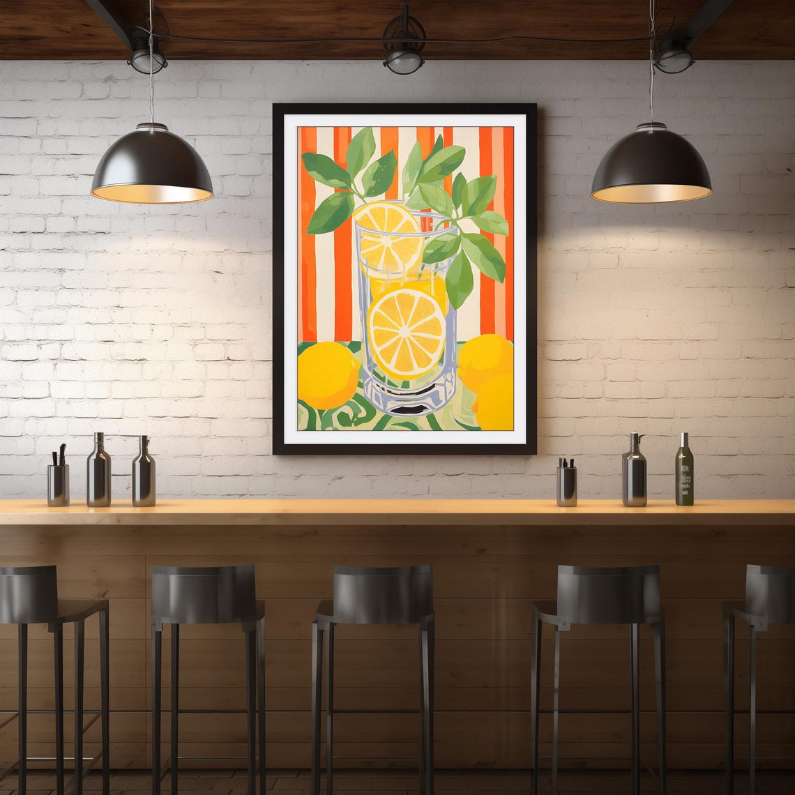 Lemon Drink In Tall Glass Striped Orange Background Kitchen Poster - Image 4