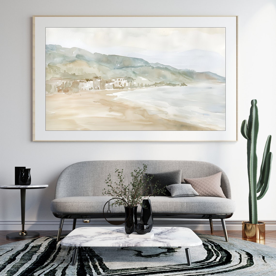Soft Neutral Coastal Beach Watercolor Ocean Waves Landscape Poster - Image 3